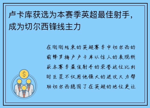 卢卡库获选为本赛季英超最佳射手，成为切尔西锋线主力