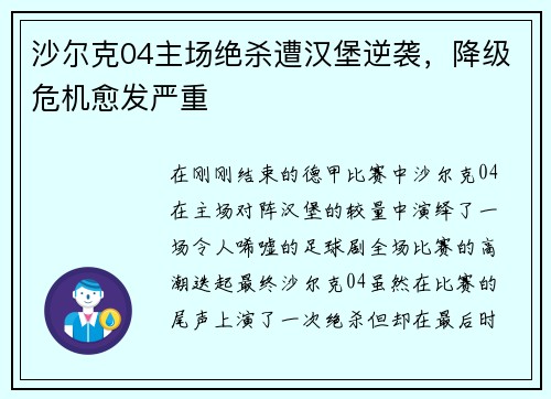 沙尔克04主场绝杀遭汉堡逆袭，降级危机愈发严重
